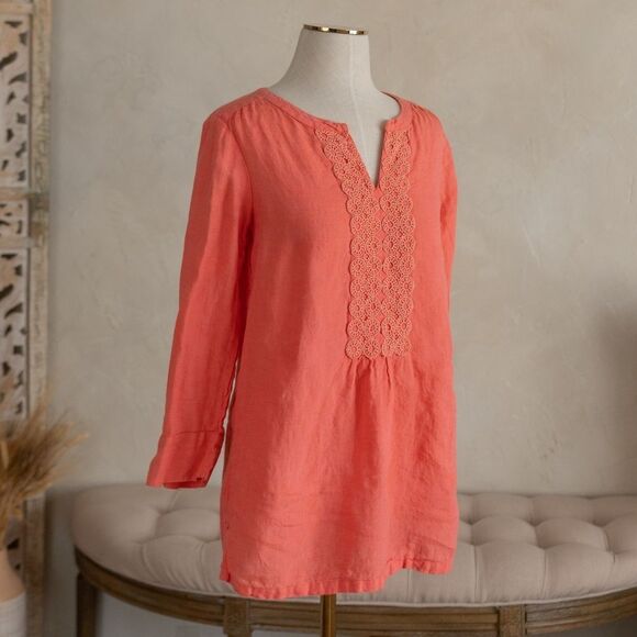 Land's End Coral Linen 3/4 Sleeve Tunic/Blouse with Embroidered V-Neck size 4 - Picture 1 of 5